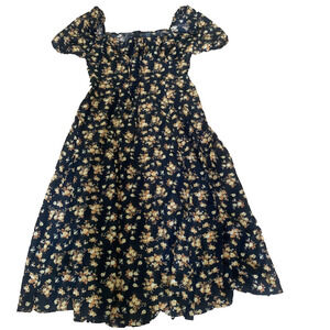 NEW SHEIN BLACK/GOLD‎ FLORAL UPPER TIE FRONT PUFF SLEEVE MIDI DRESS LARGE